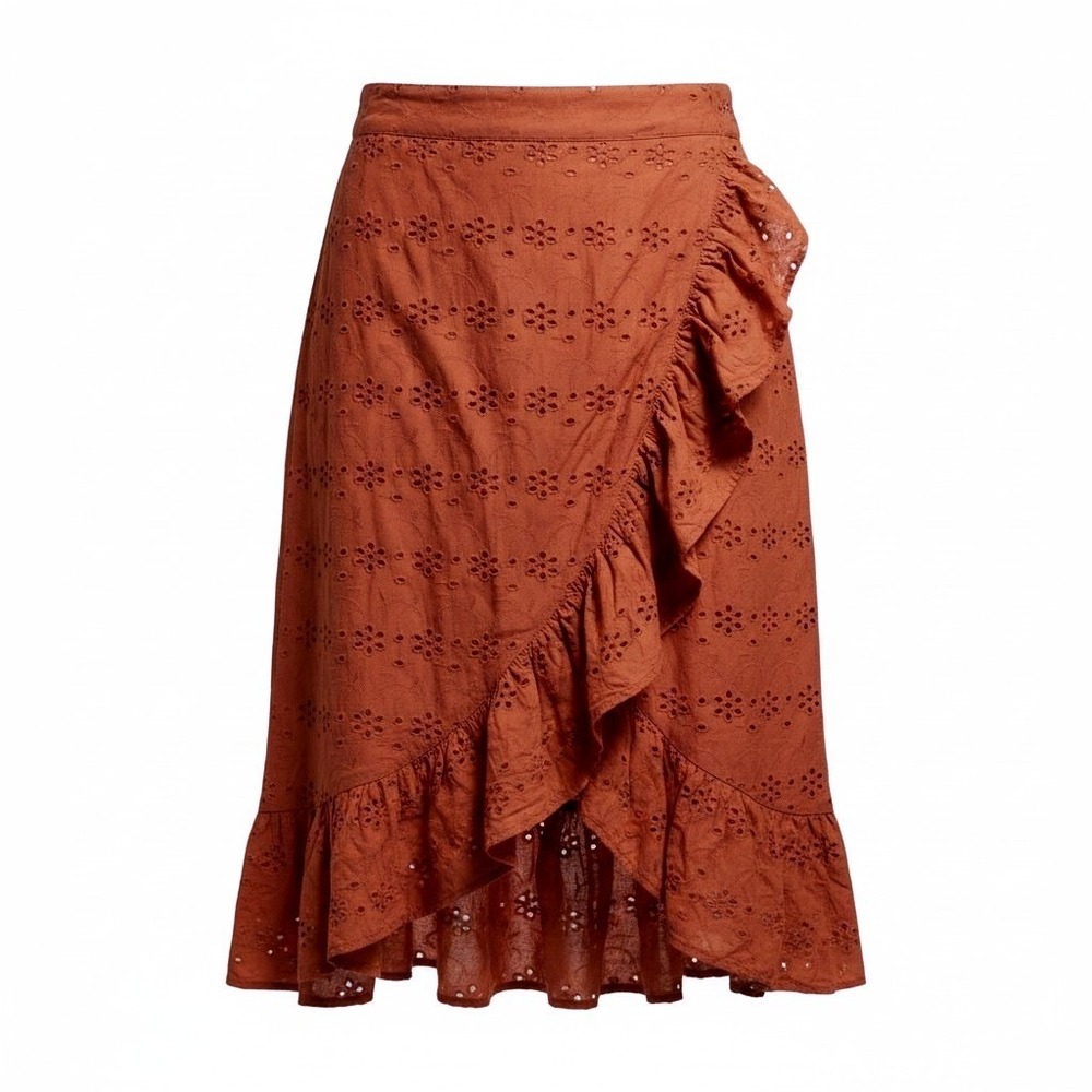 Ryegrass Eyelet Ruffle Midi Skirt Women XL Foxtail Orange Boho Cotton Autumn